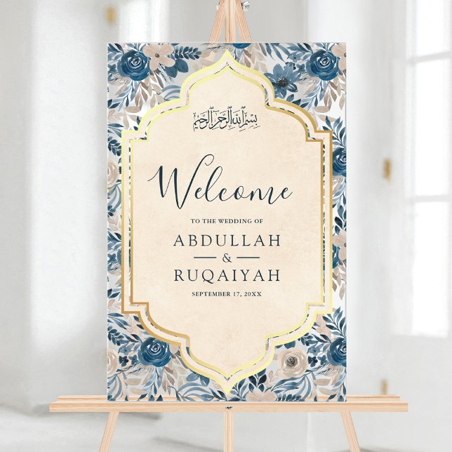 Blue Cream Floral Gold Muslim Wedding Welcome Acrylic Sign (Creator Uploaded)