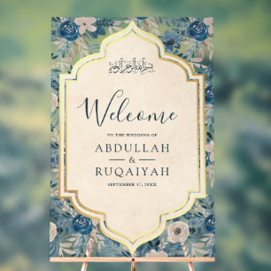 Blue Cream Floral Gold Muslim Wedding Welcome Acrylic Sign