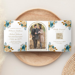 Blue Cream Floral Gold QR Code Photo Wedding Tri-Fold Invitation