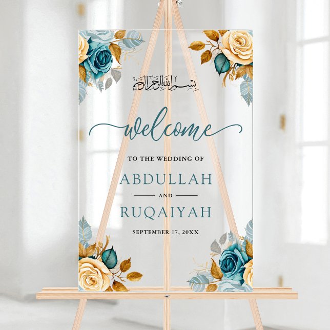 Blue Cream Floral Muslim Wedding Welcome Acrylic Sign (Creator Uploaded)