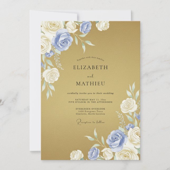 Blue Cream Floral Romance Wedding Invitation (Front)