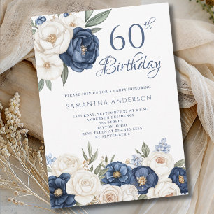 Blue Cream Floral Watercolor 60th Birthday Invitation