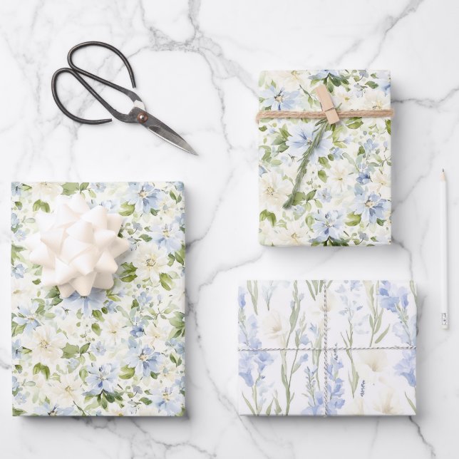 Blue Cream Floral Wedding Wrapping Paper Sheet (Front)