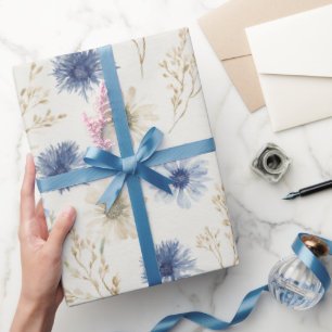 Blue Cream Flowers Bridal Shower Wrapping Paper