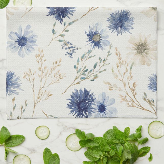 Blue Cream Flowers Tea Towel (Folded)