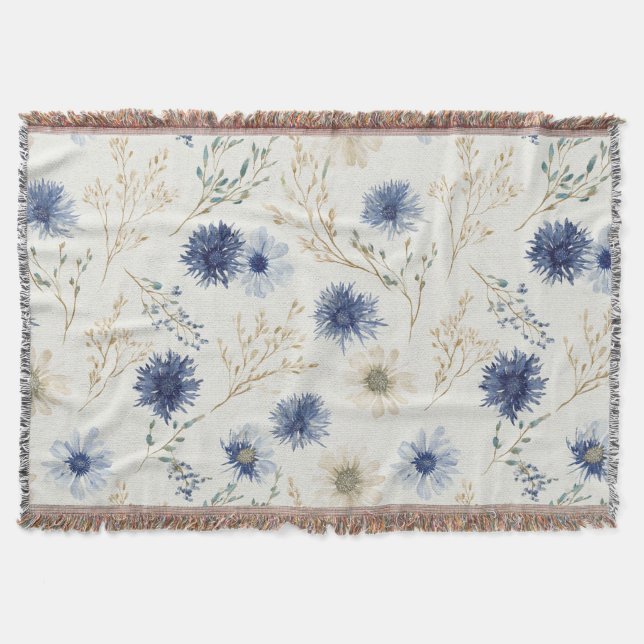 Blue Cream Flowers Throw Blanket (Front)
