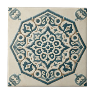 Blue & Cream Geometric Pattern Ceramic Tile