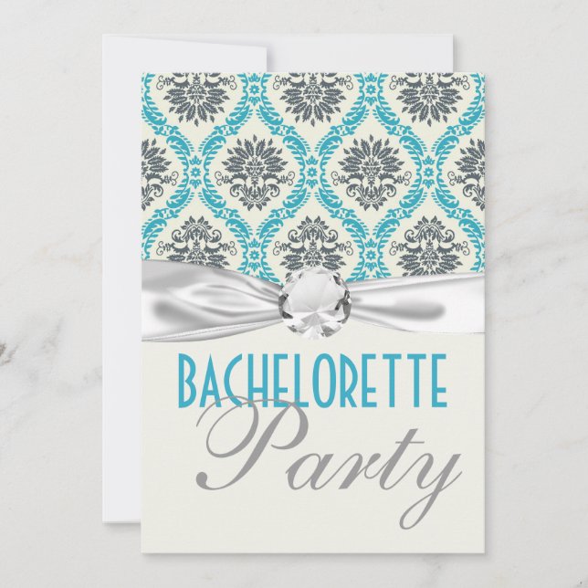 blue cream graydamask bachelorette party invitation (Front)