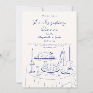 Blue & Cream Hand Drawn Doodle Thanksgiving Dinner Invitation