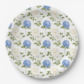 Blue & Cream Hydrangea Floral Party Paper Plates