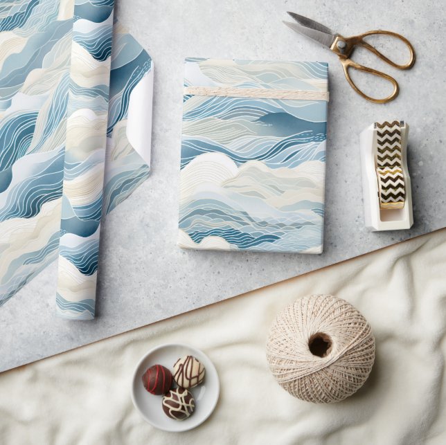 Blue Cream Ivory Abstract Ocean Beach  Wrapping Paper (Crafts)