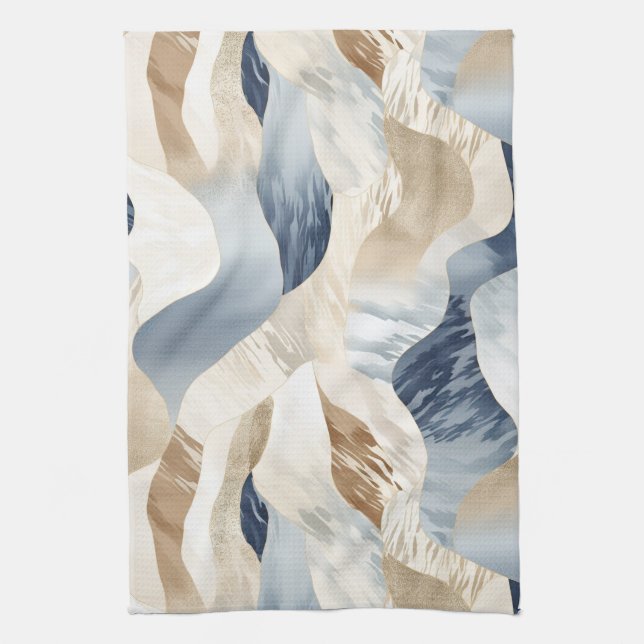 Blue Cream Ivory Abstract Waves Beach  Tea Towel (Vertical)