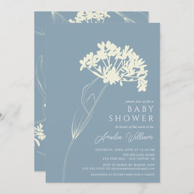 Blue & Cream Modern Floral Baby Shower Invitation (Front/Back)