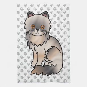 Blue Cream Persian Cute Cartoon Cat Illustration Tea Towel