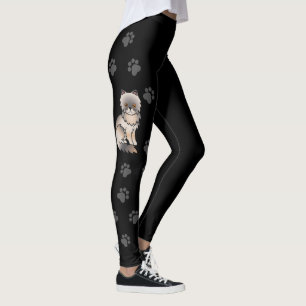 Blue Cream Persian Cute Cartoon Cat & Paws Black Leggings