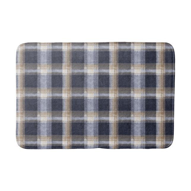 Blue Cream Plaid Stripes Bath Mat (Front)