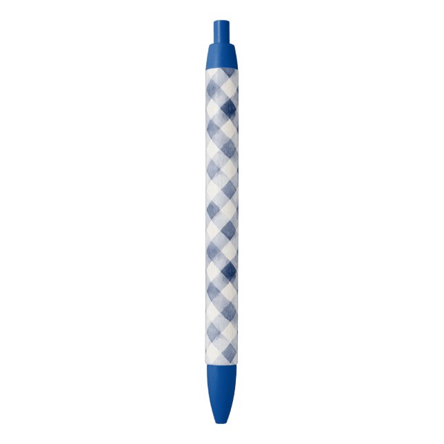 Blue Cream Plaid Stripes Black Ink Pen (Front Vertical)