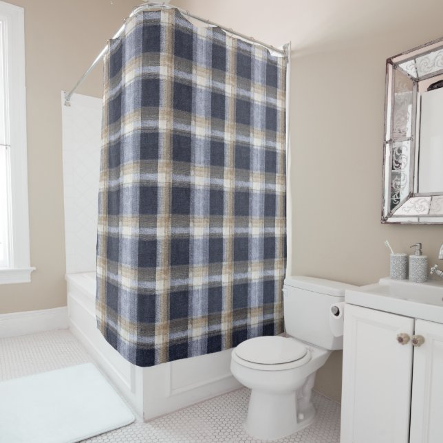 Blue Cream Plaid Stripes Shower Curtain (In Situ)