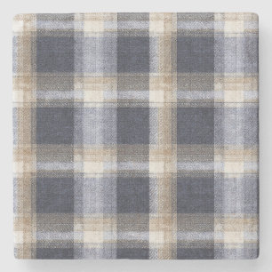 Blue Cream Plaid Stripes Stone Coaster