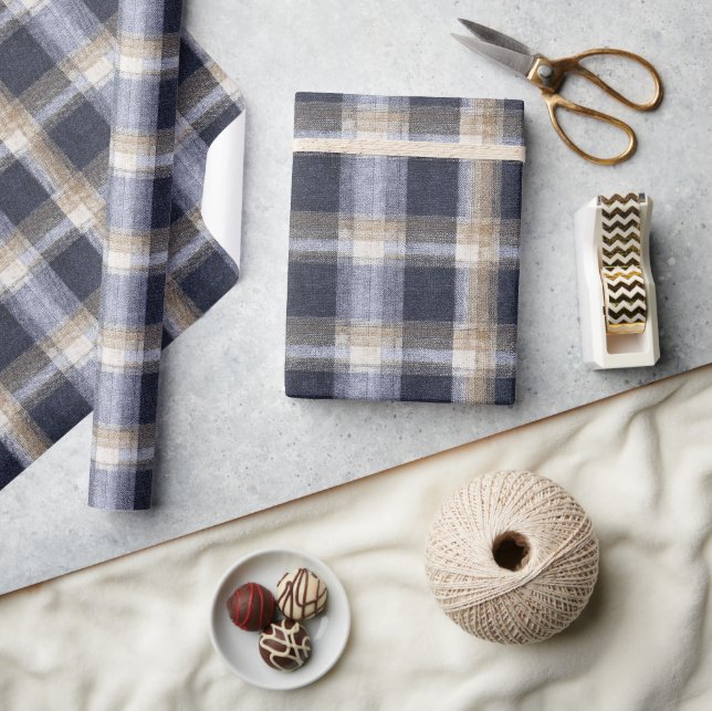 Blue Cream Plaid Stripes Wrapping Paper (Crafts)