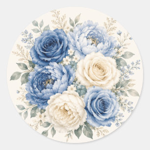 Blue & Cream Rose Floral Wedding Classic Round Sticker