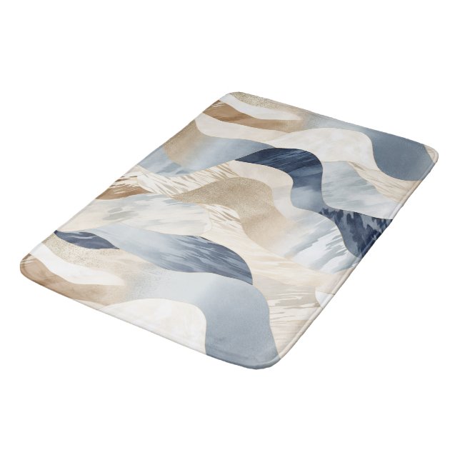 Blue Cream Sand Ivory Abstract Waves Beach  Bath Mat (Angled)