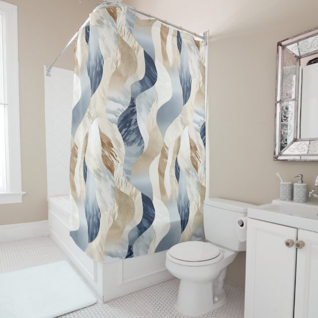 Blue Cream Sand Ivory Abstract Waves Beach  Shower Curtain (In Situ)