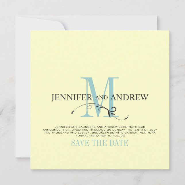 Blue Cream Save the Date Monogram Announcement (Front)