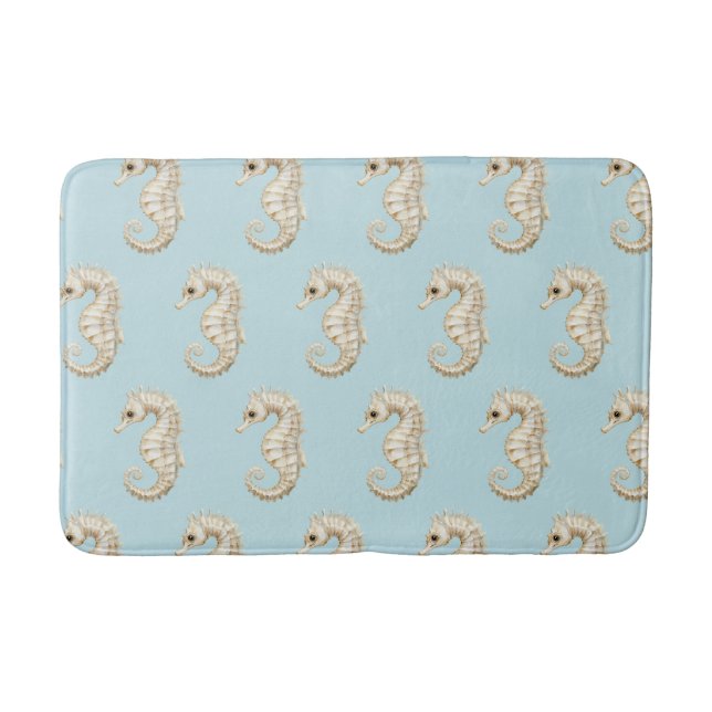Blue Cream Sea Horses Ocean Bridal Baby Shower Bath Mat (Front)
