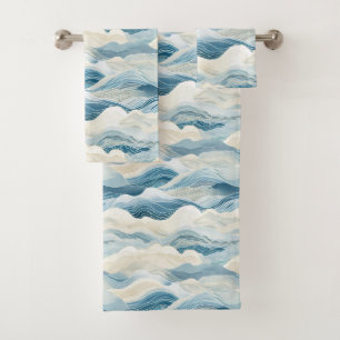Blue Cream Sea Sand Ocean Waves Bath Towel Set