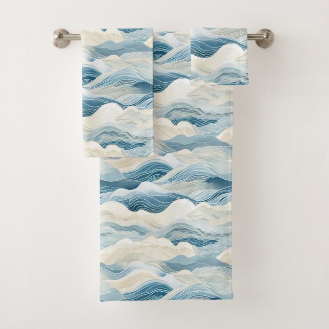 Blue Cream Sea Sand Ocean Waves Bath Towel Set (Insitu)