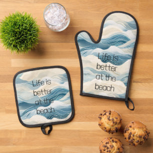 Blue Cream Sea Sand Ocean Waves Oven Mitt & Pot Holder Set
