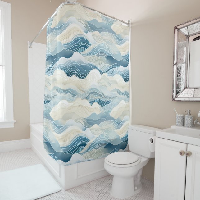 Blue Cream Sea Sand Ocean Waves Shower Curtain (In Situ)