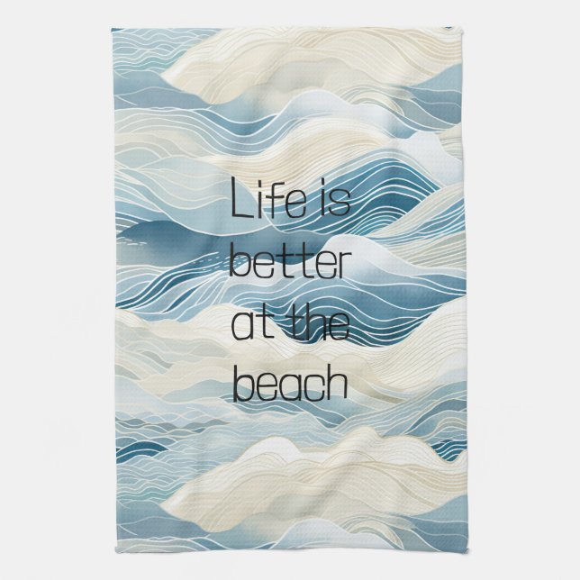 Blue Cream Sea Sand Ocean Waves Tea Towel (Vertical)