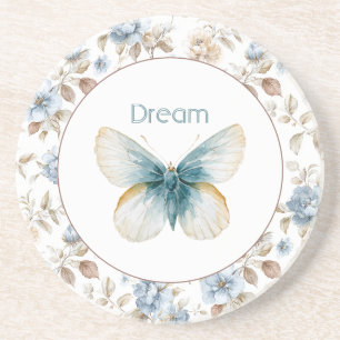 Blue Cream Tan Brown Flowers Butterfly Coaster