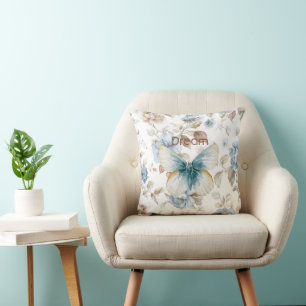 Blue Cream Tan Brown Flowers Butterfly Cushion