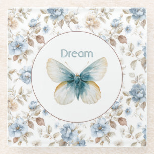 Blue Cream Tan Brown Flowers Butterfly Glass Coaster
