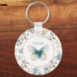 Blue Cream Tan Brown Flowers Butterfly Key Ring