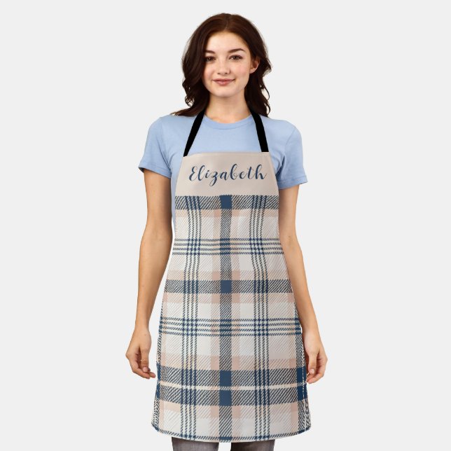 Blue Cream Tartan Plaid Custom Name Apron (Worn)