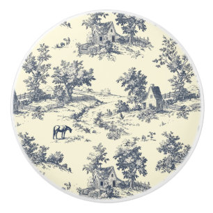 Blue Cream Toile Cottagecore Farm Ceramic Knob