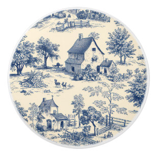 Blue Cream Toile Cottagecore Farm Ceramic Knob