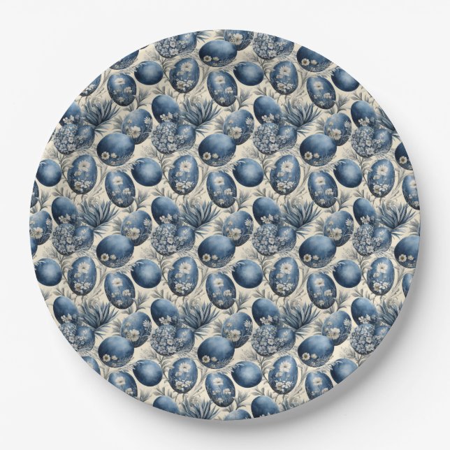 Blue & Cream Vintage Egg Pattern Paper Plate (Front)
