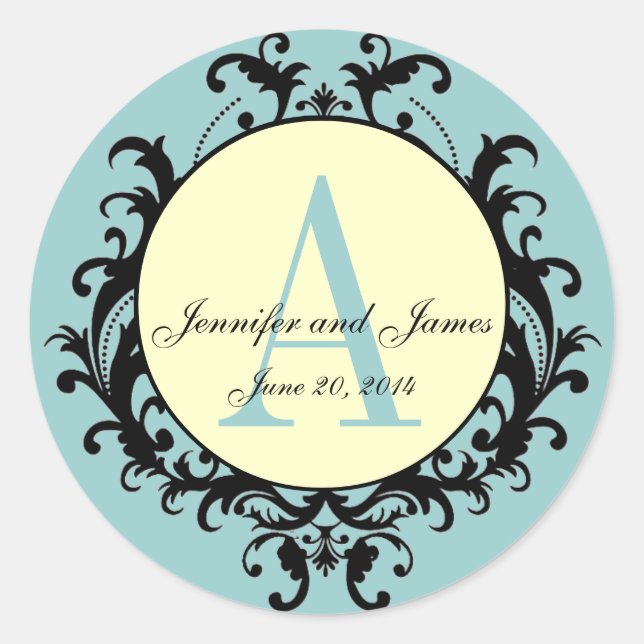 Blue Cream Wedding Monogram A Names Date Label (Front)
