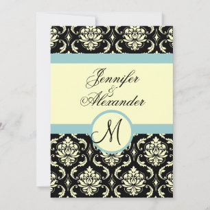 Blue Cream Wedding Monogram Damask Invitation