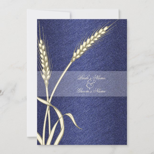 Blue cream wedding wheat flower invitation (Front)