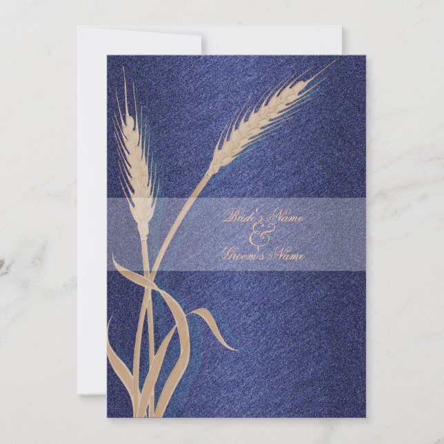 Blue cream wedding wheat flower invitation (Front)