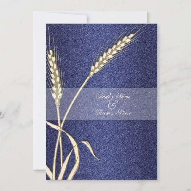 Blue cream wedding wheat flower invitation (Front)