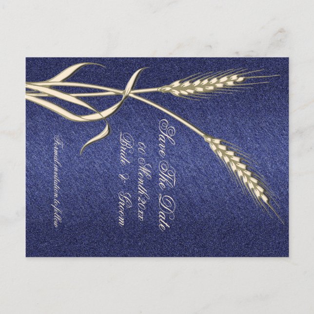 Blue cream wheat country "save the date" announcement postcard (Front)