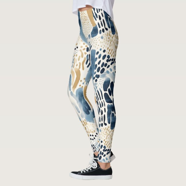 Blue Cream White Abstract Leggings (Left)