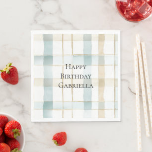 Blue Cream White Plaid Stripes Birthday Napkin